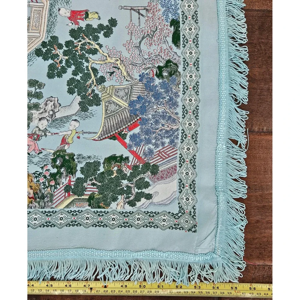 RARE VTG Brocaded Scenic Silk Chinese Tapestry Tablecloth Turquoise Fringe 55x38